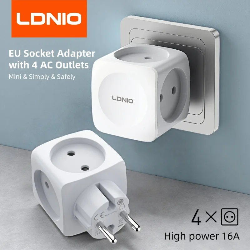 LDNIO-Adaptador extensor de enchufe europeo, 1 a 4 salidas múltiples, potencia de alta capacidad, 16A, enchufe de 2 pines, extensión eléctrica, Mini convertidor de cubo
