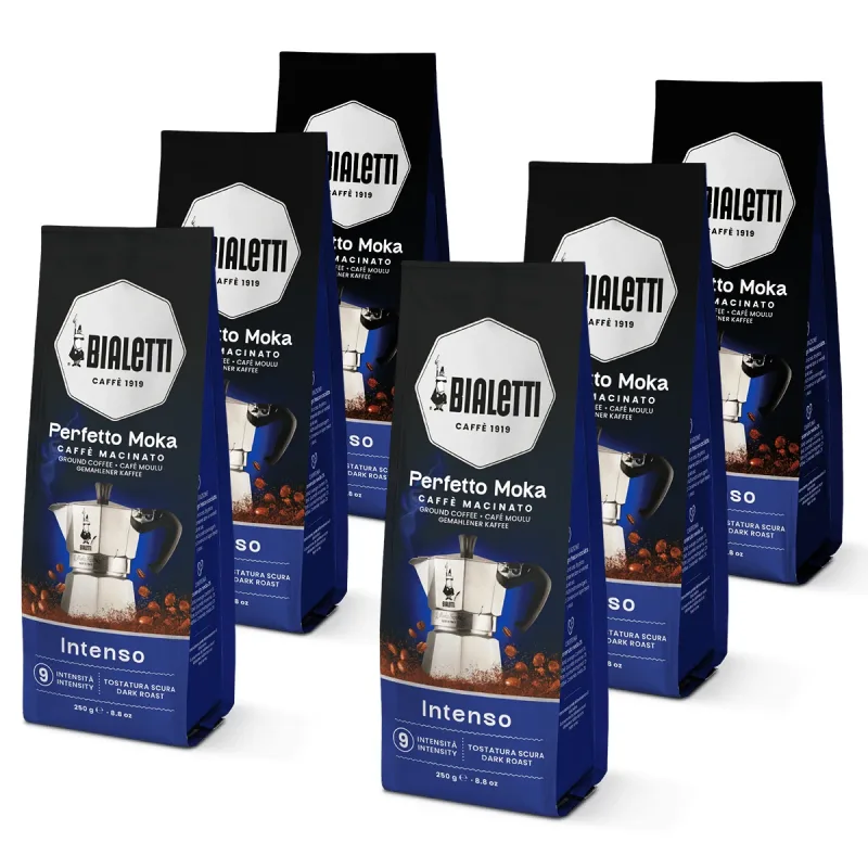 Bialetti Café Molido Italiano - Perfetto Moka: Clásico, Intenso, Vainilla, Avellana, Chocolate, Descafeinado y Delicato - 6 paquetes de 250 gr cada uno (1,5 kg) Café de alta calidad