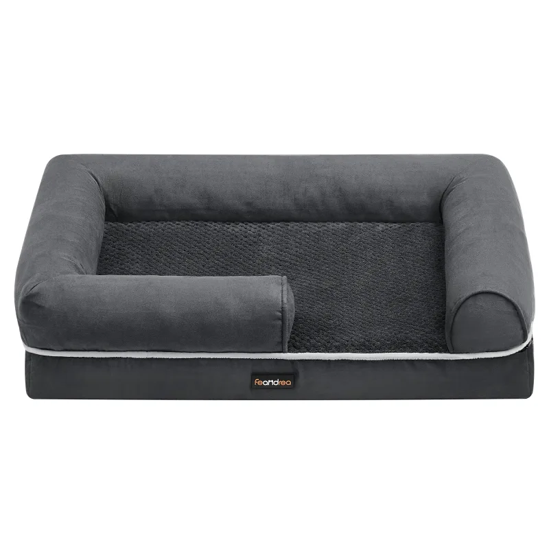 Feandrea Cama Ortopédica para Perros, Sofá, Cama para Mascotas, Acolchado Suave, Bordes Elevados, Funda Extraíble y Lavable, 76 x 51 x 18 cm, Antideslizante, Gris Oscuro/Gris Claro, Regalo de Navidad