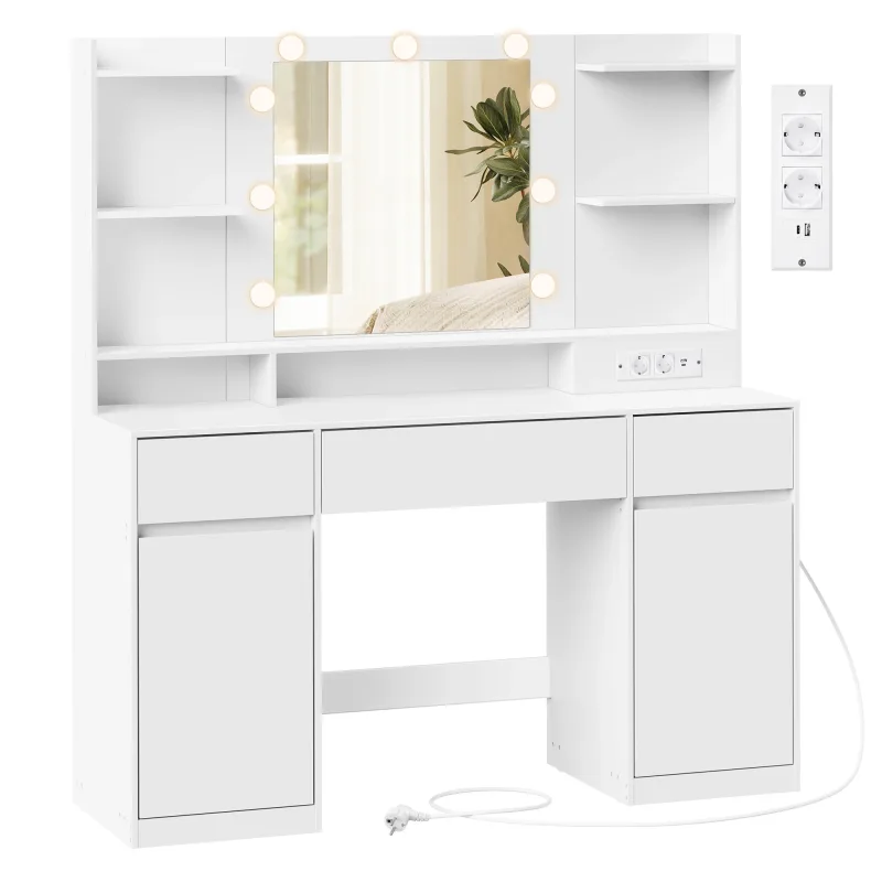 VASAGLE KAILYN Colección - Tocador con Espejo LED, Regleta, 2 Armarios, 9 bombillas regulables, Iluminación de 3 Colores, Montaje sin Herramientas, Blanco Nube