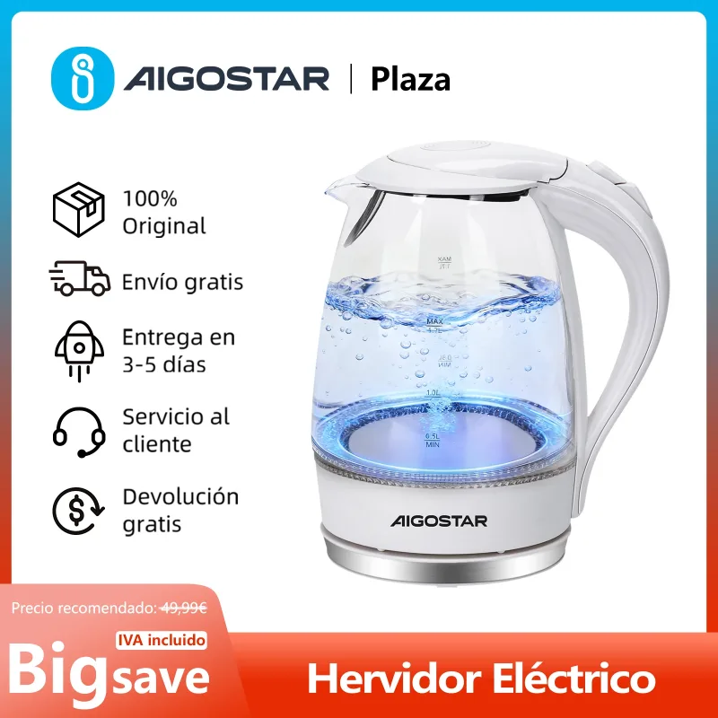 Hervidor de Cristal 1,7 L, Hervidor de Agua Eléctrico con Iluminación LED, Filtro Antical, Apagado Automático, 2200 W, Sin BPA