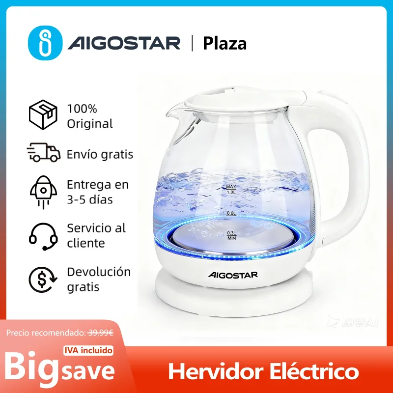 Hervidor de Agua Eléctrico de Cristal, 1L, Hervidores Eléctrico con Iluminación LED, Filtro Antical, Apagado Automático, 2200W