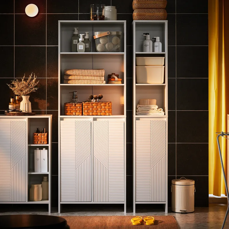 SoBuy BZR155-W Mueble de baño estrecho con cesta para la ropa sucia, mueble alto de baño con puertas y estante para baño 60x30x171