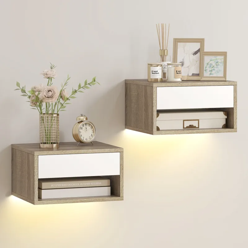 HOMCOM Juego de 2 Mesitas de Noche Flotantes con Luces LED RGB Control de APP Cajón Estante Abierto