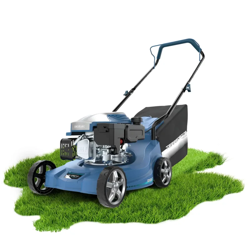 Cortacésped a Gasolina Cecotec Terrenator 2700.39 Potencia. Motor de 127 cc, 2,1 kW y 2,8 CV, función de corte y recolección, ancho de corte 39 cm, altura de corte regulable en 3 posiciones, depósito