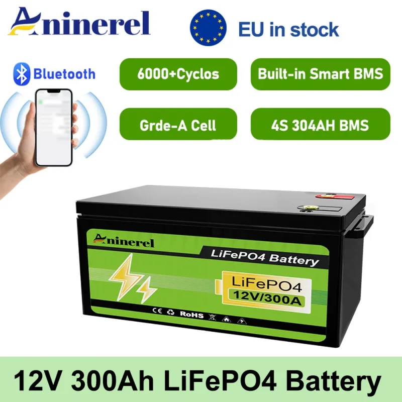 Batería Aninerel 300Ah 12V LiFePO4 incorporada 200A BMS 3840Wh Ciclos profundos de energía perfecta para sistema solar de autocaravana fuera de la red