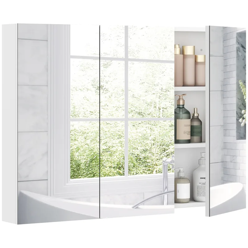 HOMCOM Armario de Baño con Espejo Armario de Pared con 3 Puertas Estantes Ajustables 91,5x11,5x65 cm Blanco