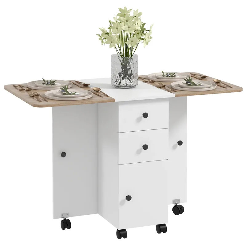 HOMCOM Mesa Plegable de Comedor con Ruedas Alas Abatibles 2 Cajones y Armario Hasta 6 Personas 120x60x76,5 cm Blanco y Natural