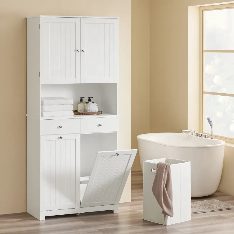 SoBuy BZR215-W Mueble de baño alto con 2 cestas para la colada, 2 cajones y estante abierto 78x38x181cm