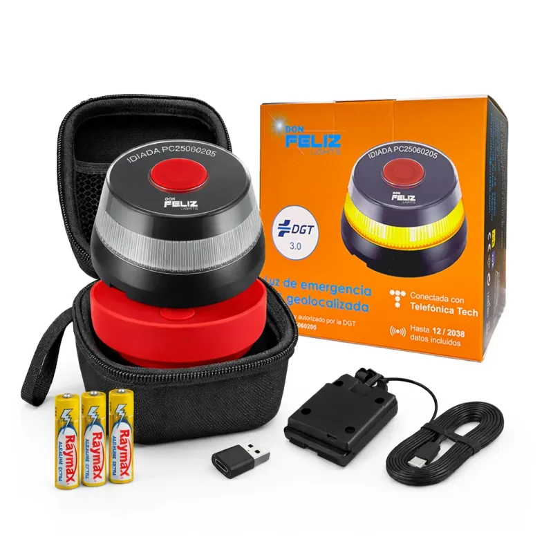 Don Feliz. KIT de Baliza emergencia V16 conectada con geolocalizacion DGT 3.0, luz de emergencia homologada, conectada y autorizada por DGT, señal V16 con pilas incluidas, conectividad Telefonica