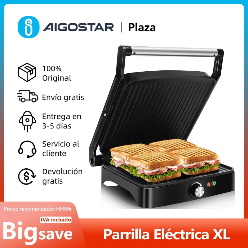 Parrilla Eléctrica, Sandwichera y Máquina de Panini, Revestimiento Antiadherente, Regulador de Temperatura, Apertura 180º, Placa