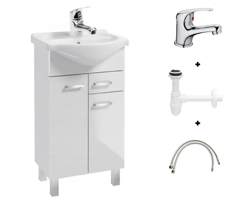 Conjunto de baño de pie 50 cm Blanco Brillo: Mueble, Lavabo, Batería, Sifón