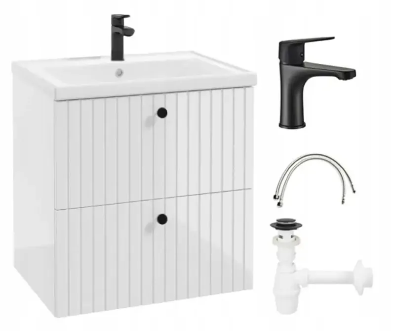Mueble de baño de 60 cm con lavabo, batería y sifón, blanco con láminas, kit de montaje