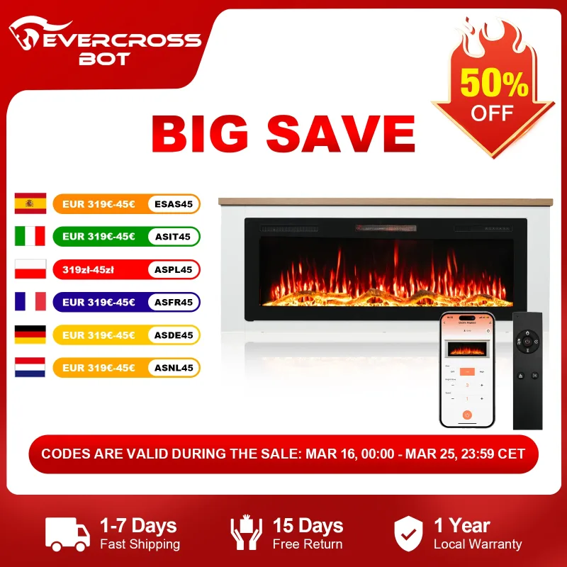 HOMAVO Chimenea eléctrica de 50" con mueble, calefacción 1000/2000W, efecto de llama 3D, control remoto y por aplicación