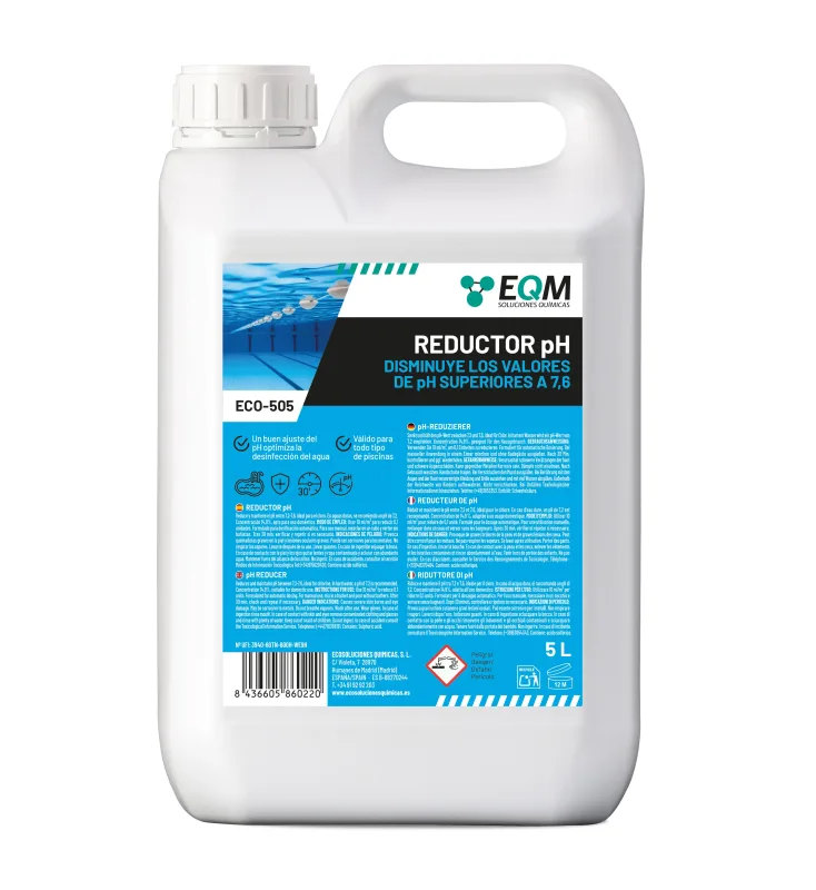 EQM - ECO-505 - Reductor de pH para Piscinas y SPA - Regula y estabiliza el agua - Ácido sulfúrico 15% apto uso doméstico