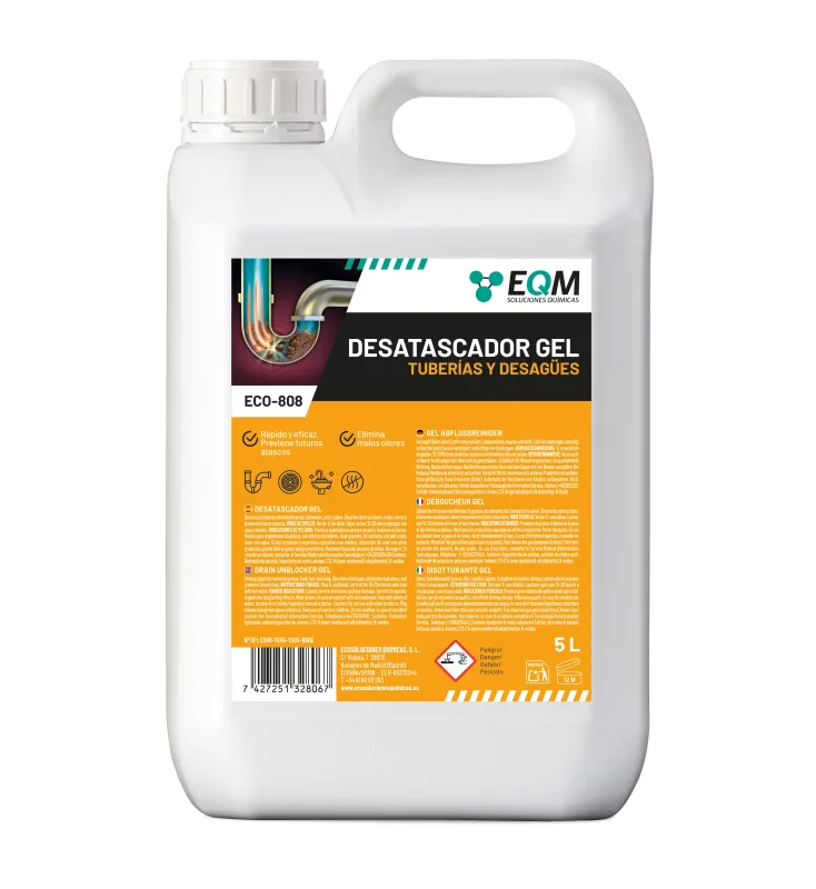 EQM - ECO-808 - Desatascador Profesional de Tuberías - 5L - Fórmula en gel para atascos difíciles - Acción rápida y eficaz