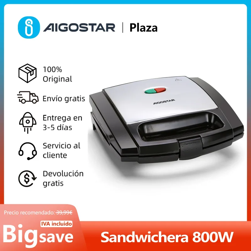 Sandwichera con Revestimiento Antiadherente, Indicador LED, Asa de Tacto Frío, Almacenamiento Vertical, 800W, Libre de BPA