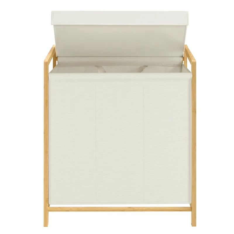 SONGMICS Cesto para Ropa Sucia de 3 Compartimentos, Marco de Bambú, Tapa Reforzada y Extraíble, Bolsa Interior Desmontable, 150 L, Blanco Crema