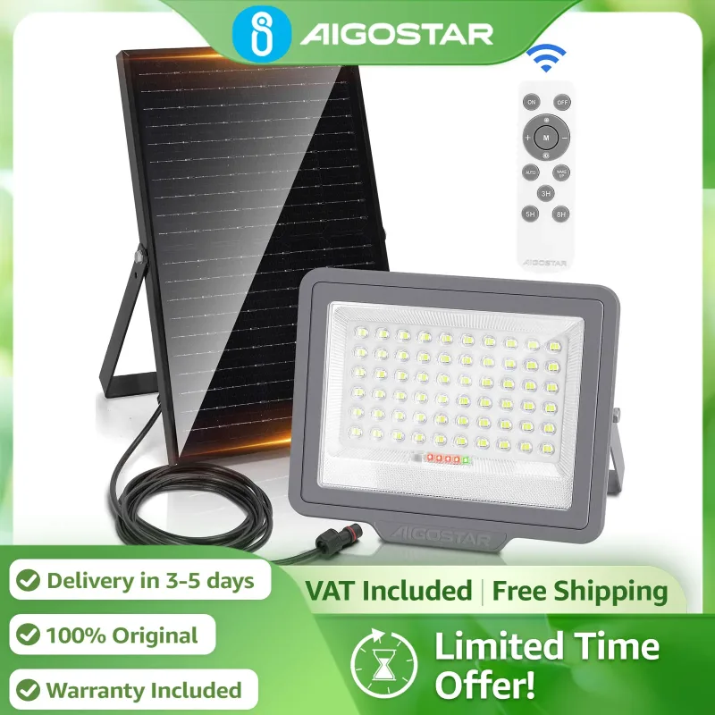 Aigostar Foco Solar 15000mAH Gran Panel y Batería | IP66 con Mando | Luz 6500K para Jardín, Piscina, Interior
