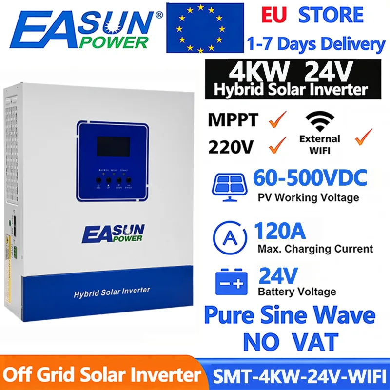 Inversor Solar Híbrido EASUN POWER de 4KW 3.6KW, 24V 220V, Onda Sinusoidal Pura, Cargador MPPT de 120A, Inversor de 50/60HZ con Wi-Fi