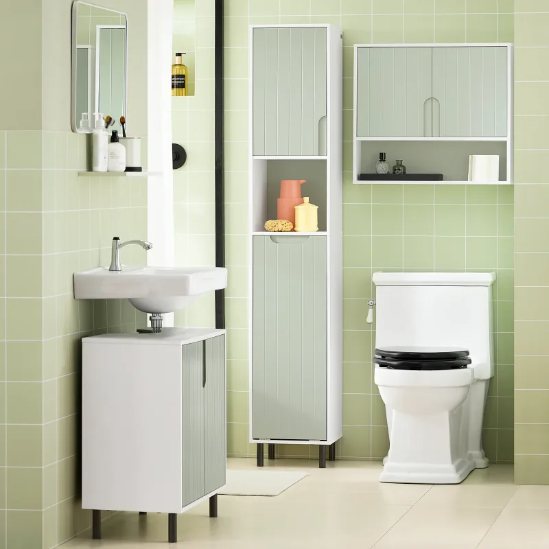 SoBuy BZR137-GR Mueble de baño estrecho con bolsa de lavandería Mueble de baño que ahorra espacio madera Blanco-Verde 167x31x30cm
