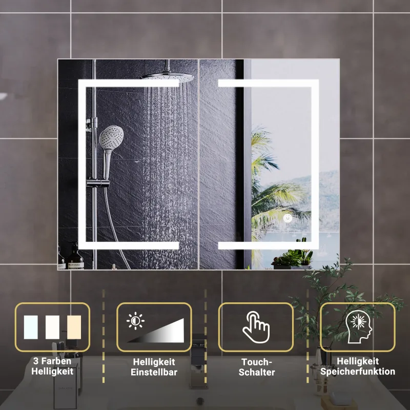 Mueble de pared con espejo y LED, 60x80x14, Mueble con espejo de doble puerta, Mueble con espejo con estante regulable