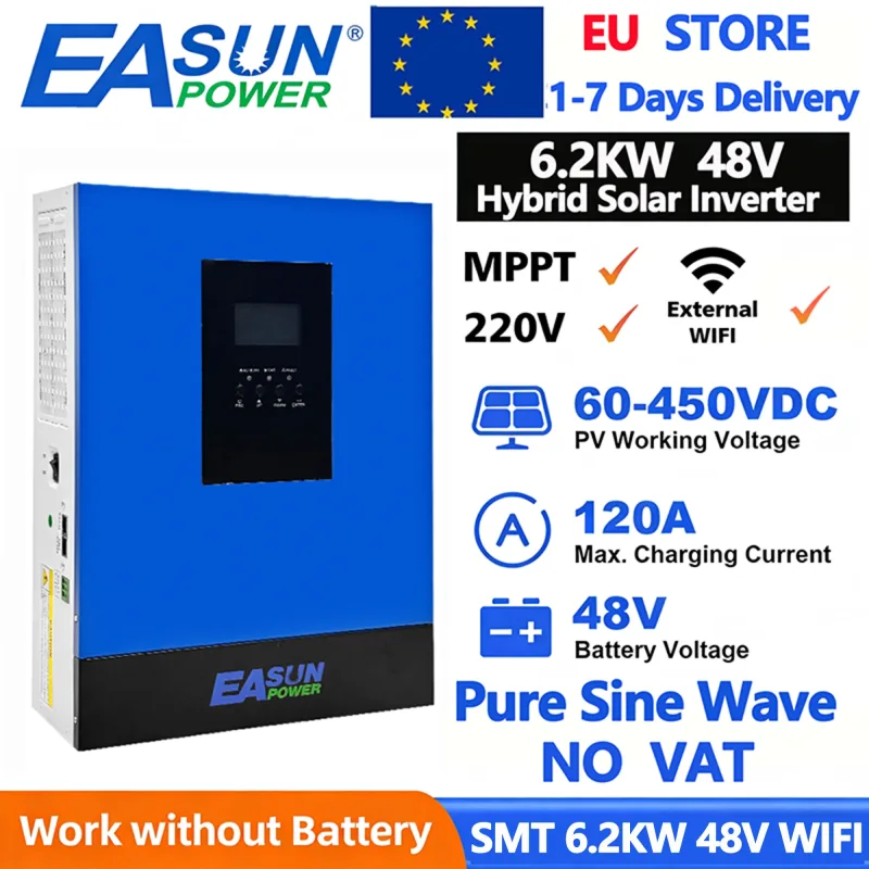 Inversor Solar Híbrido EASUN de 6.2KW 48V 230V, Inversor Fuera de Red de Onda Sinusoidal Pura, Controlador de Carga Solar MPPT de 120A para Paneles Fotovoltaicos, Stock de la UE