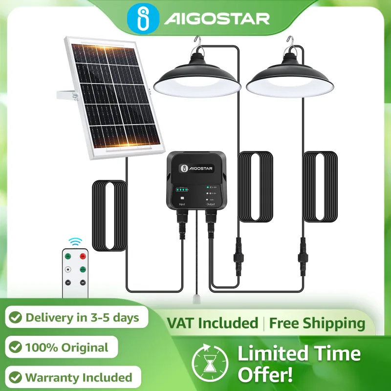 Aigostar Luz Solar con Mando y Cuerda (Pack de 2) | Batería 6000mAh, Cable 11m IP65 | para Jardín, Camping