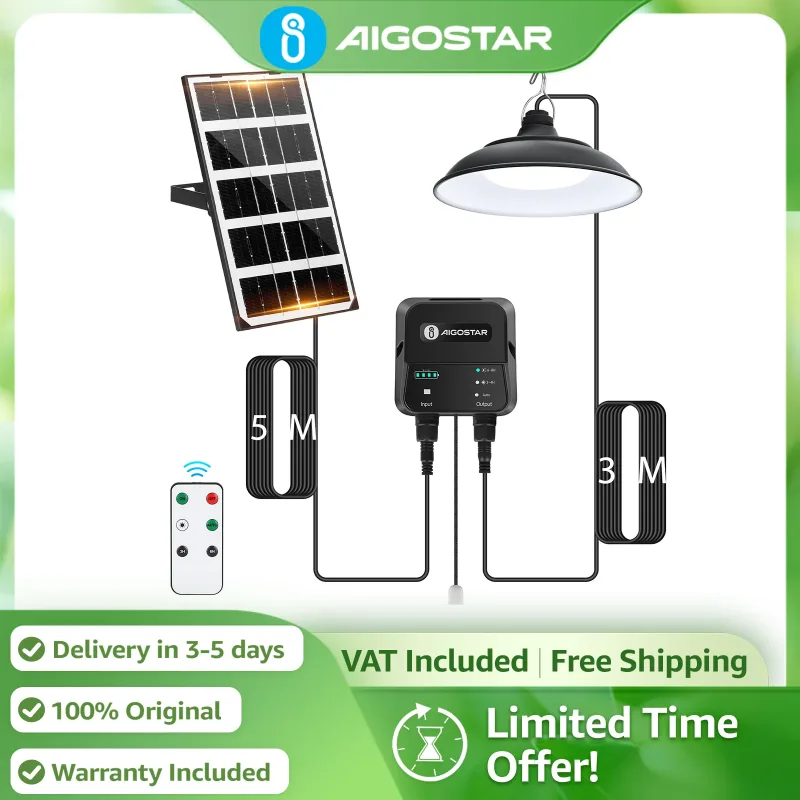 Aigostar Lámpara Solar con Mando y Cuerda | Batería 3000mAh, Cable 8m, Panel Grande IP65 | para Jardín, Camping**