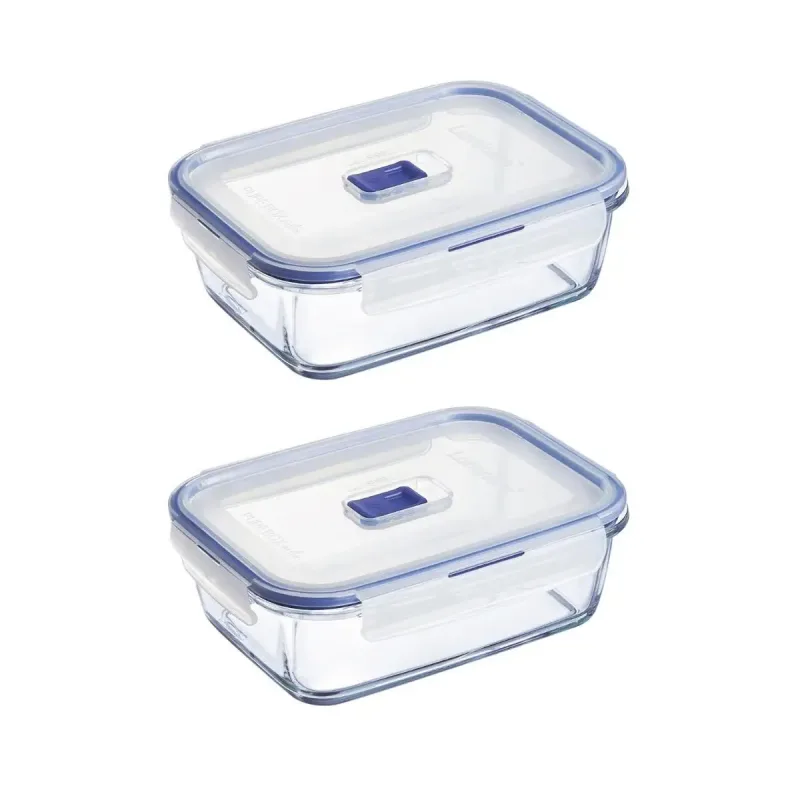 LUMINARC PURE BOX ACTIVE 2 Recipiente Rectangular Hermético Vidri SET 2 PIEZAS 122CL Bicolor Brillo Tapa 4 cierres herméticos 100% con válvula Reciclable