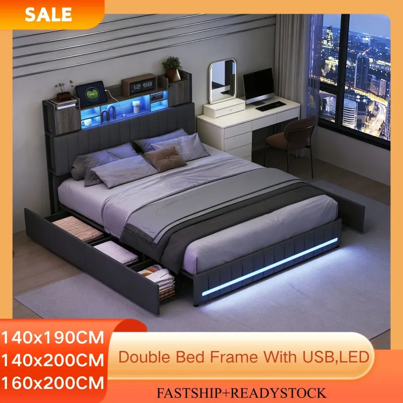 Cama doble acolchada con 4 cajones, cabecero acolchado, compartimento de almacenamiento, con LED y carga USB, linaza, Gris
