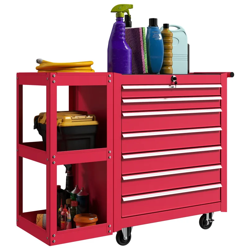 HOMCOM Carro de Herramientas con 7 Cajones, Carro de Taller con Estantería de 3 Niveles Desmontable, Sistema de Cierre Central