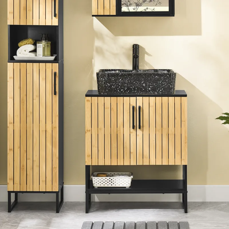 SoBuy BZR202-SCH lavabo bajo armario 60 cm de ancho con puerta de bambú y patas de metal regulable en altura para baños pequeños inodoro para invitados