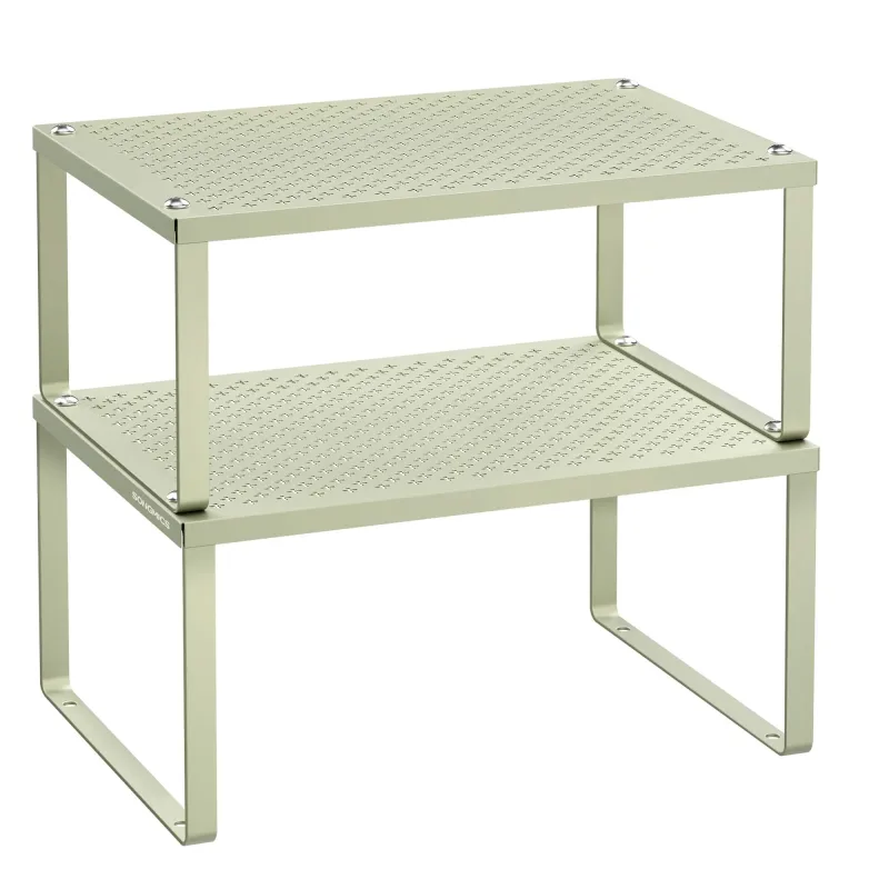 SONGMICS Especiero, Estante para Especias, Organizador para Armarios, para Mostradores, Elevador de Estantes, Apilable, Ampliable, Juego de 2 Estantes Metálicos para Cocina, Verde Laurel/Beige
