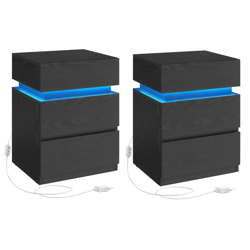 VASAGLE Kailyn Colección - Juego de 2, Mesita de Noche con Tira de Luz LED Multicolor Variable, 3 Cajones, Mesa Auxiliar, Estilo Moderno, 35 x 40 x 55 cm, Negro Ébano/Blanco Nube
