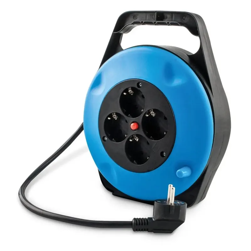 Alargadera Onlex Enrollable 4 Tomas 5 ó 10 metros de cable - Obturador para protección infantil - Soporte estable, ligero y facil de transportar gracias a su asa