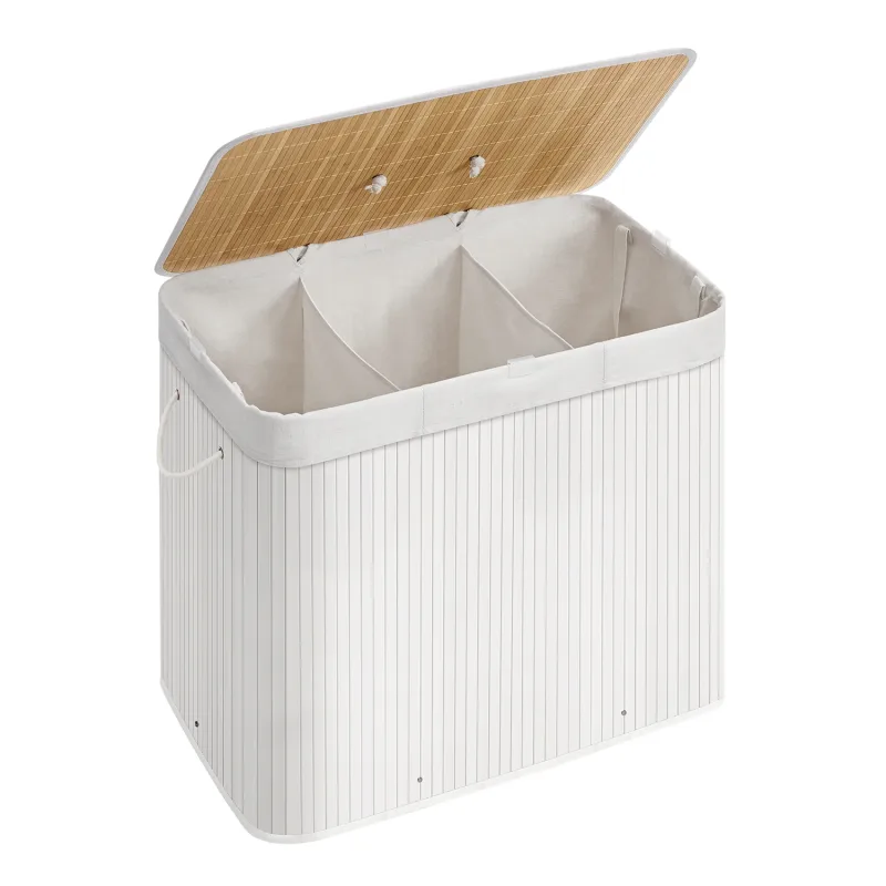 SONGMICS Cesto de la Ropa Sucia con Tapa, 3 compartimentos, 170 L, Cesta de Lavandería de Bambú, Plegable, con Bolsa Lavable Extraíble, Asas, para Lavandería, Dormitorio, Blanco/Natural