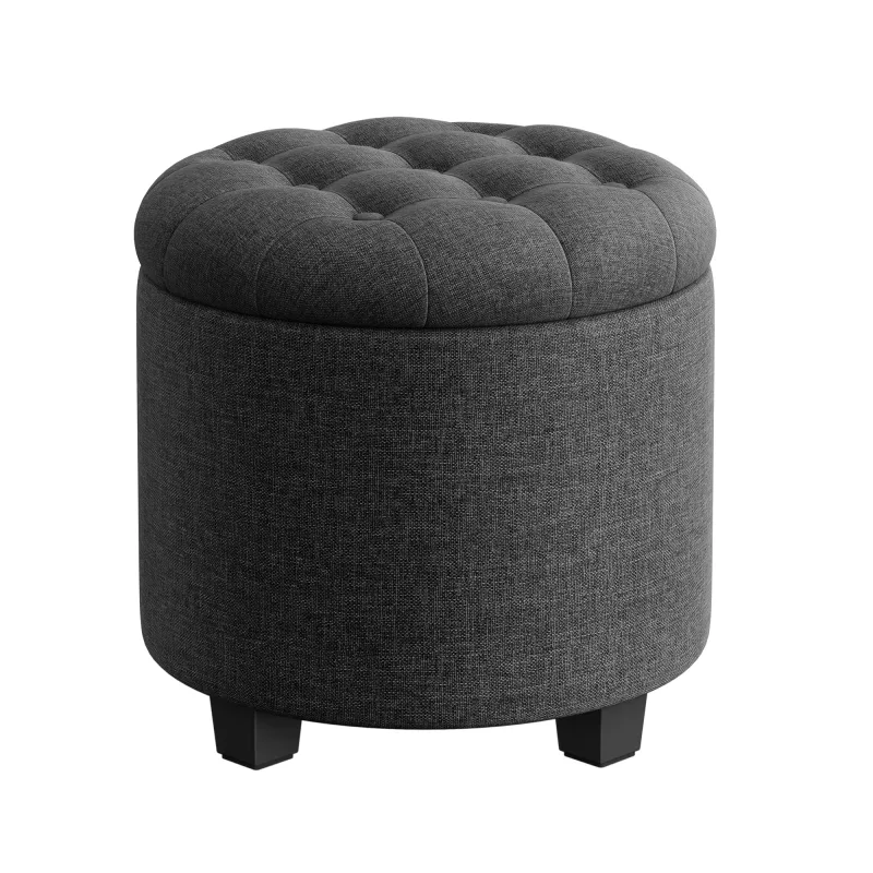 SONGMICS Puff Almacenahe, Banco de Almacenamiento, 45 x 45 x 44,5 cm, Reposapiés con Patas, Tejido con Aspecto de Lino, Carga hasta 150 kg, para Salón, Dormitorio, Gris Oscuro/Beige Claro/Blanco Crema