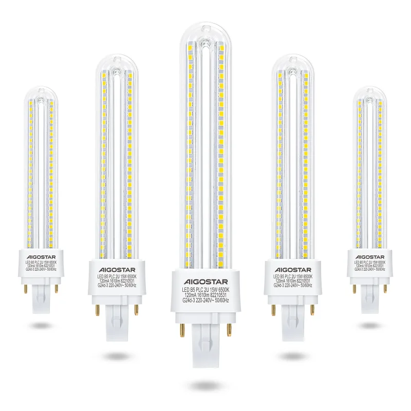 Aigostar Pack de 5 Bombillas LED PLC 2U, tubo de 11W/12W/15W, Maiz G24d-3, 2 Pines, Luz fría 6500K, No regulable