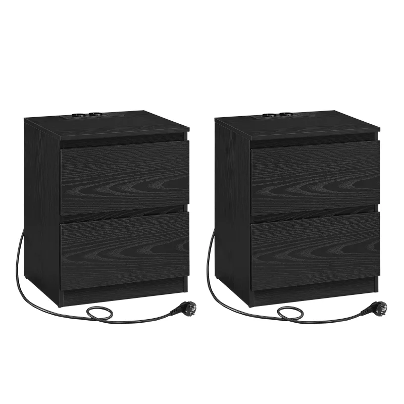 VASAGLE Kailyn Colección - Juego de 2, Mesita de Noche con Regleta de Enchufes, Mesa Auxiliar, 2 Cajones, 2 Tomas AC, 2 Puertos USB-A, Salón, Dormitorio, Negro Ébano/Blanco Nube/Amarillo Almendra