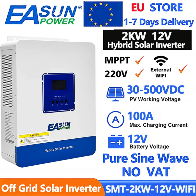Inversor Solar Híbrido EASUN de 2KW, 12V 220VAC, con Controlador Solar MPPT de 100A Integrado, Inversor de Onda Sinusoidal Pura Fuera de la Red con WIFI