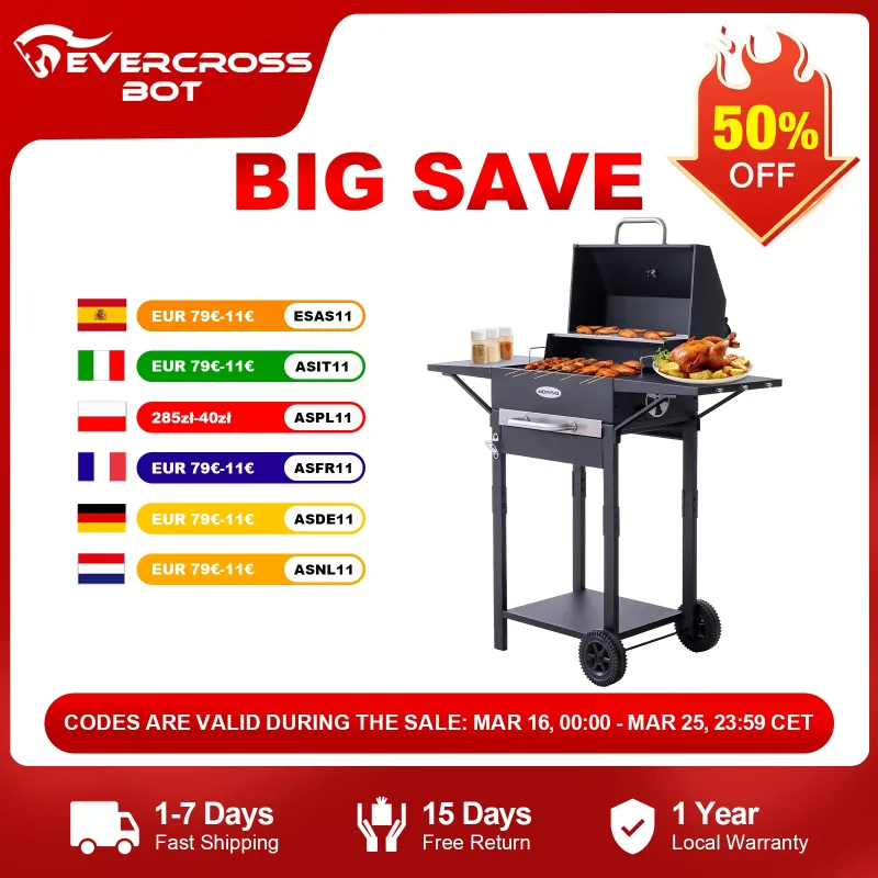 Parrilla de carbón HOMAVO con rejilla esmaltada, soporte para utensilios, termómetro y chimenea, mesa auxiliar y rodillos, gancho + kit de montaje