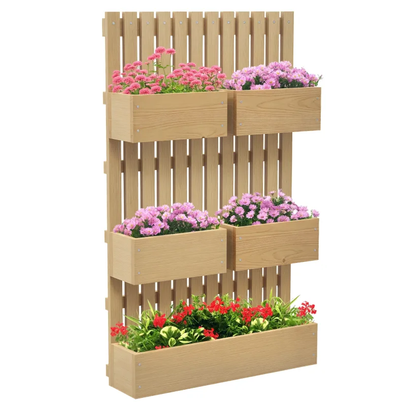 Outsunny Jardinera de Pared con Enrejado de Madera 5 Macetas Móviles 60x16x100cm