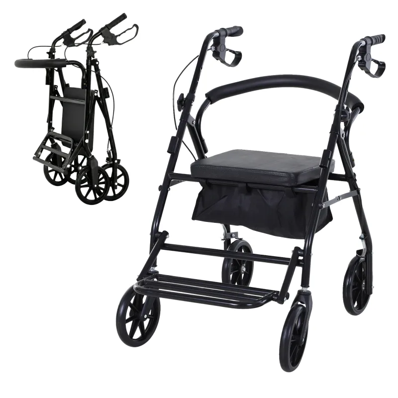 Andador HOMCOM de 4 ruedas, ligero, con asiento plegable, distancia de recorrido extendida, respaldo acolchado, asas ergonómicas, frenos de mano, cesta de almacenamiento, reposapiés, metal negro