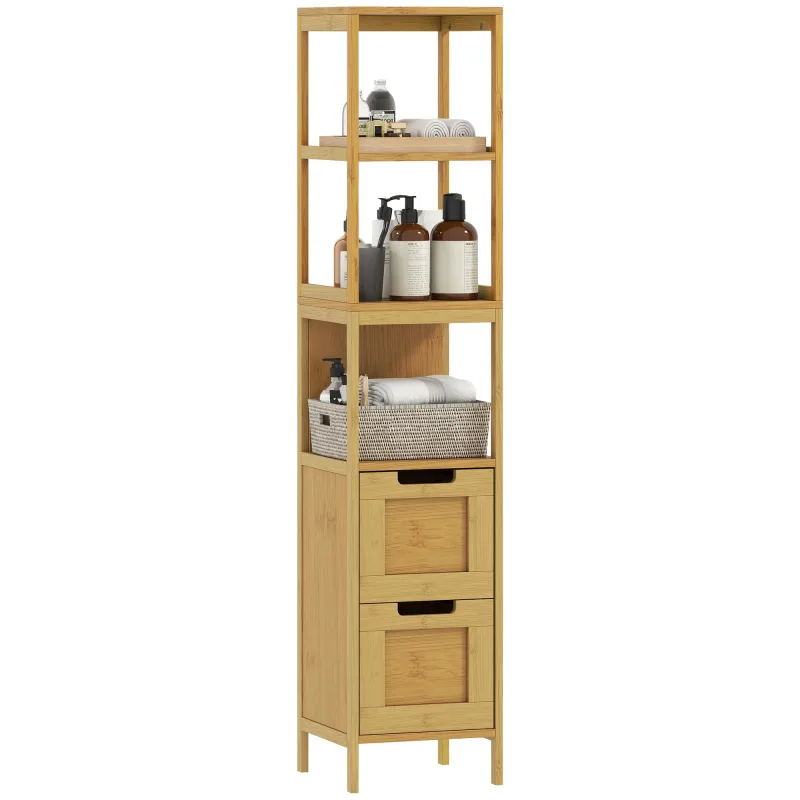 Mueble de Baño Kleankin con Columna de Almacenamiento, Estilo Acogedor y Sombreado 30L x 30l x 144H cm 3 estantes 2 cajones bambú natural