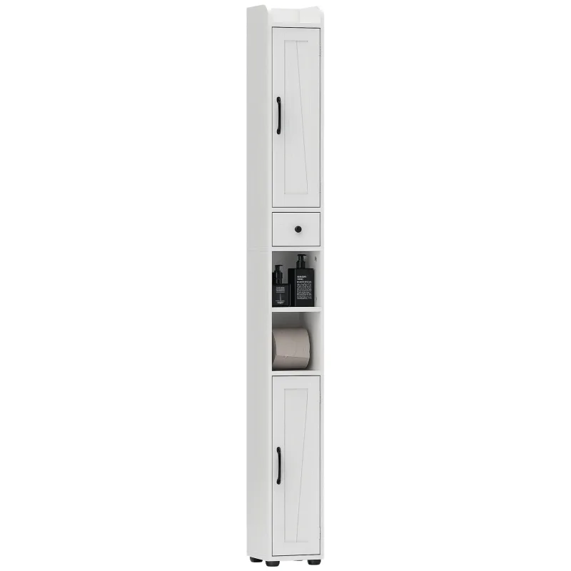 Mueble de baño HOMCOM alto, columna de almacenamiento, 2 puertas, cajón, nichos abiertos, estantes ajustables y portarrollos, mueble estrecho para inodoro, espacios reducidos, 20x20x cm, Blanco
