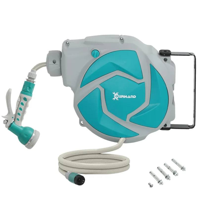DURHAND Enrollador de Manguera para Jardín 10+1 m,Carrete de Manguera de Jardín de Pared, Giratorio 180°, con Retorno Enrollado