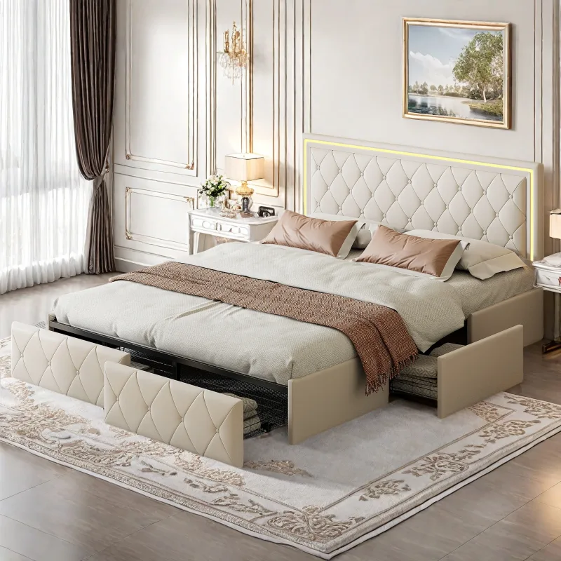 Cama tapizada de 140x200 cm, cama con canapé con iluminación LED, cama doble con 4 cajones, cama juvenil con cabecero ajustable, estructura de cama con somier de láminas, tejido de lino, beige/gris