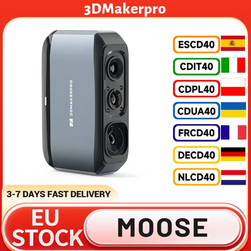 Escáner 3D 3DMakerpro Moose, Precisión de 0.03 mm, Resolución de 0.07 mm, Fuente de Luz LED Azul, Seguimiento Visual por IA, Cámara a Color de 24 bits