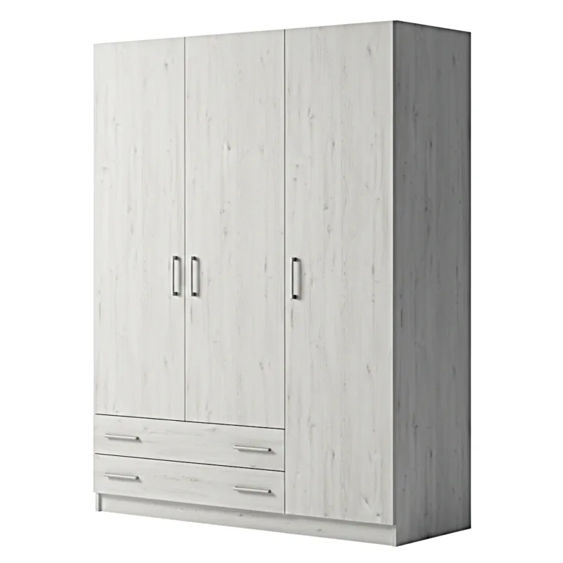 Armario ropero de dormitorio 3 puertas Kama y Kanape® 200 cm alto, con estante superior interior y cajones, gran capacidad de almacenaje, diseño funcional para dormitorio, color blanco
